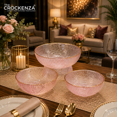 Luxury 7-Piece Pink Textured Glass Bowl Set with Gold Rim – 1 Large & 6 Small Serving Bowls
