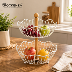 Luxury 2-Tier Metal Fruit Basket with Wooden Handle | Modern Countertop Fruit & Vegetable Organizer
