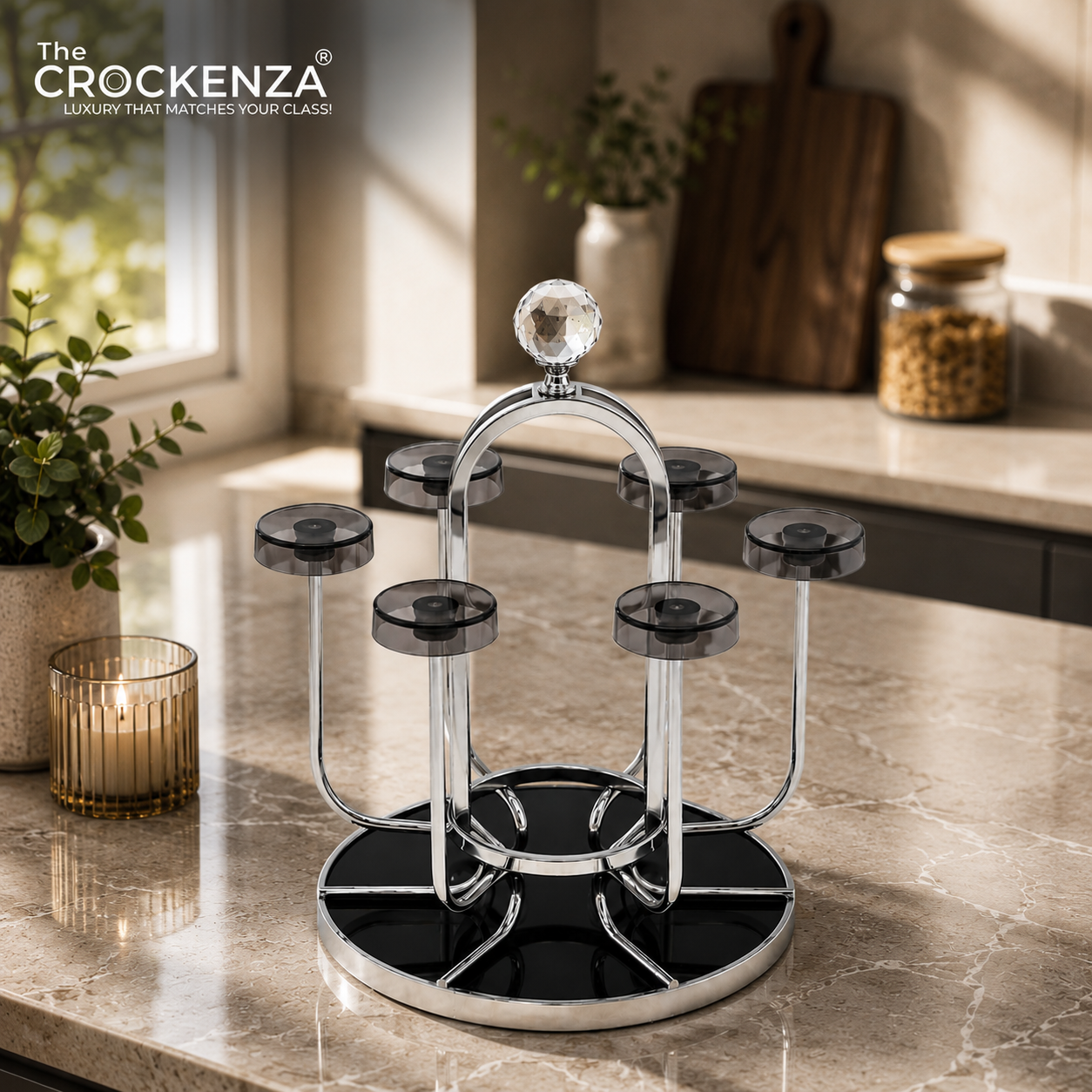 Luxury Rotating Glass Holder Stand with Crystal Handle | Premium 6-Glass Countertop Organizer