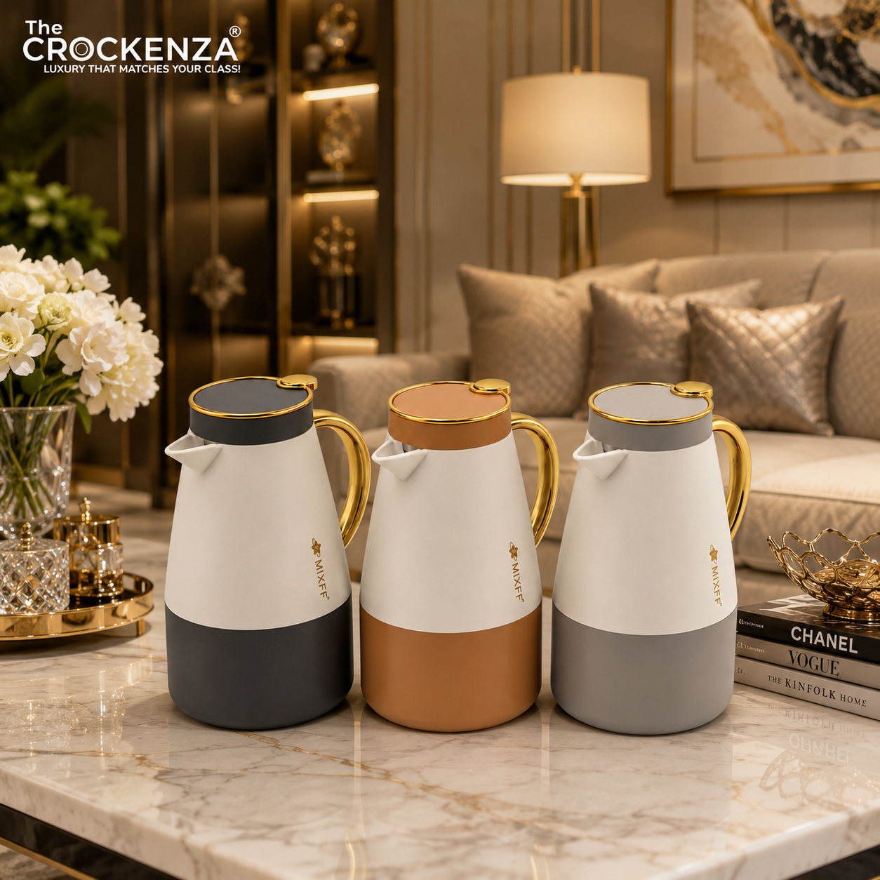 MIXFF Luxury 1.5L Insulated Thermos Flask – Premium Hot & Cold Vacuum Jug with Gold Handle