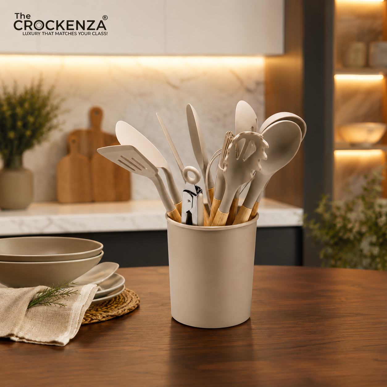 Premium Silicone Kitchen Utensil Set with Holder & Wooden Handles – Complete Non-Stick Cooking Tools Set