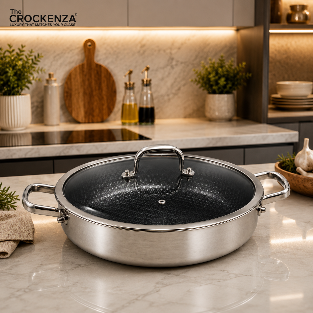 OSFE 32CM Tri-Ply Stainless Steel Shallow Casserole with Glass Lid – Premium 316 Stainless Steel Cookware