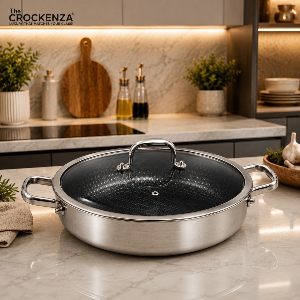 OSFE 32CM Tri-Ply Stainless Steel Shallow Casserole with Glass Lid – Premium 316 Stainless Steel Cookware