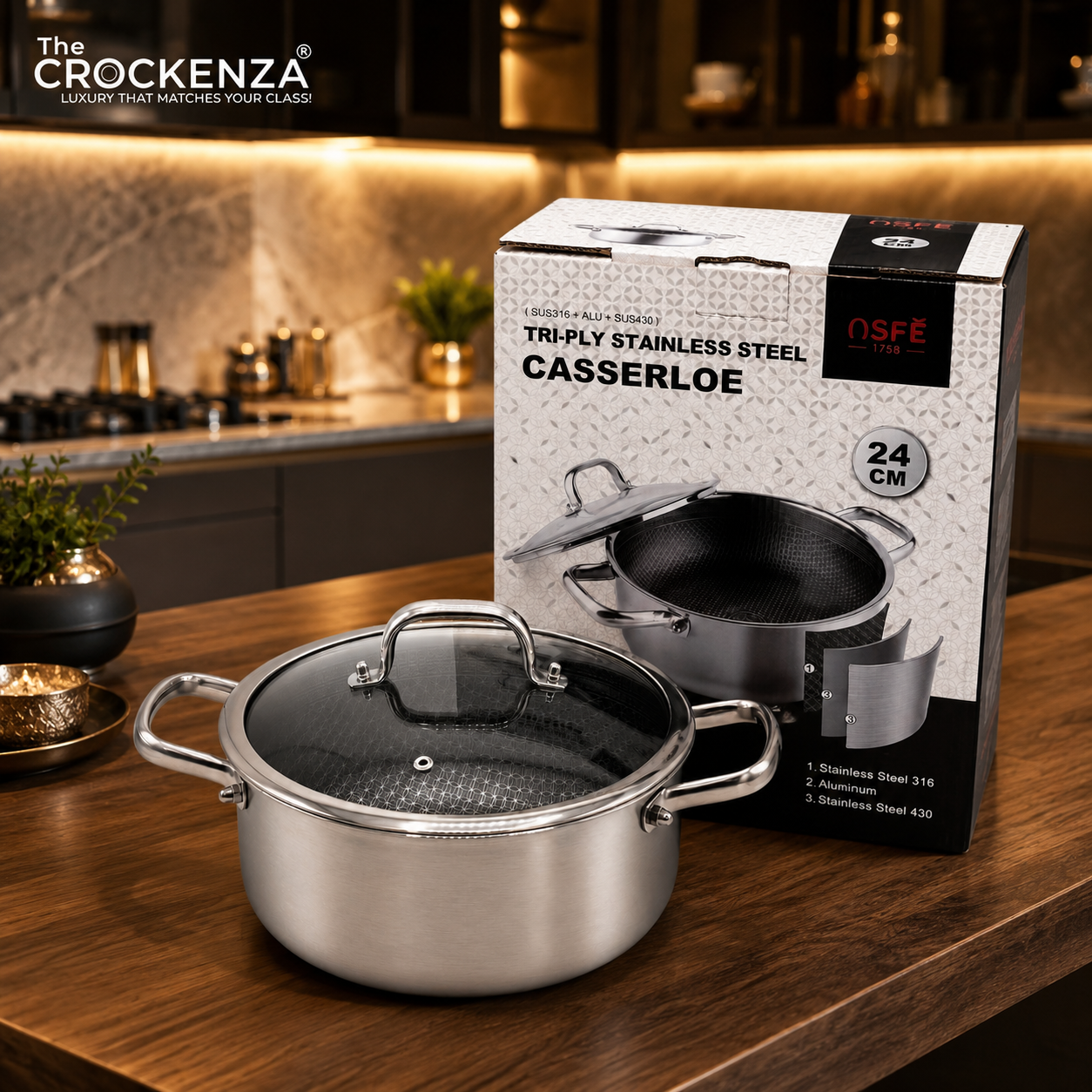 OSFE 24CM Tri-Ply Stainless Steel Casserole with Glass Lid – Premium Cooking Pot
