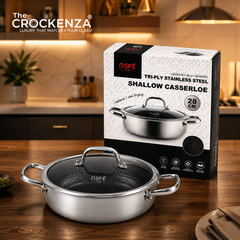 OSFE 28cm Tri-Ply Stainless Steel Shallow Casserole with Glass Lid – Premium Cooking Pot
