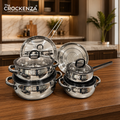 Luxury 10-Piece Stainless Steel Cookware Set – Premium Silver Accent Pots, Fry Pan & Steamer