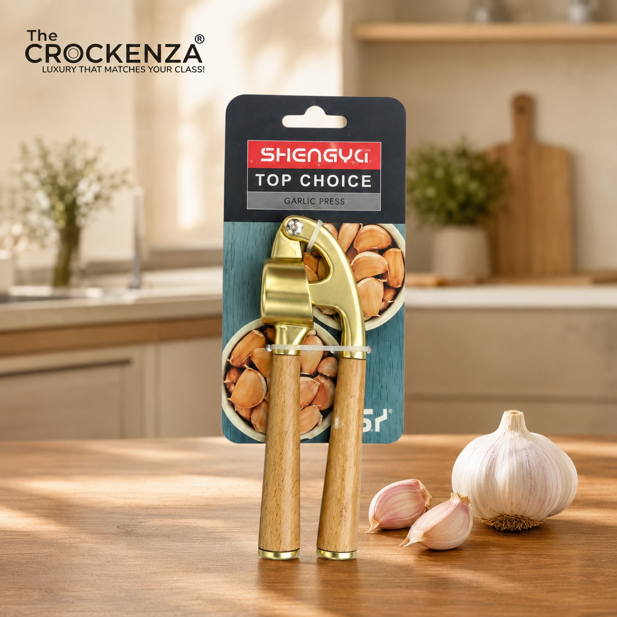 Premium Golden Garlic Press with Wooden Handles – Heavy Duty Manual Garlic Crusher for Kitchen Use