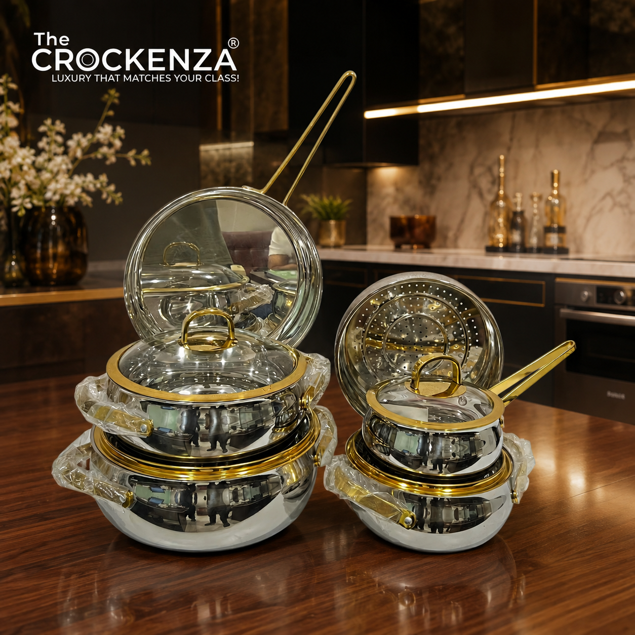 Luxury 10-Piece Stainless Steel Cookware Set – Premium Gold Accent Pots, Fry Pan & Steamer