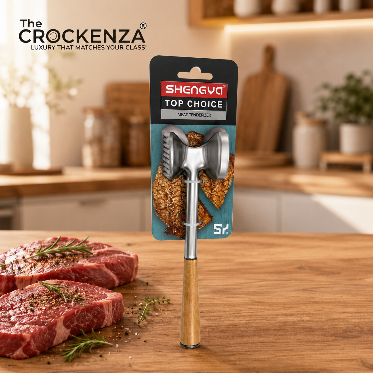 Premium Silver Meat Tenderizer with Wooden Handle – Dual-Sided Manual Meat Hammer for Steak, Beef & Chicken