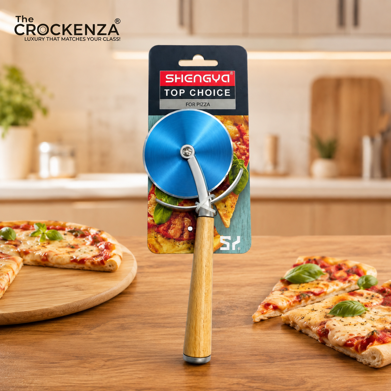 Premium Silver Pizza Cutter with Wooden Handle – Sharp Stainless Steel Pizza Wheel Slicer