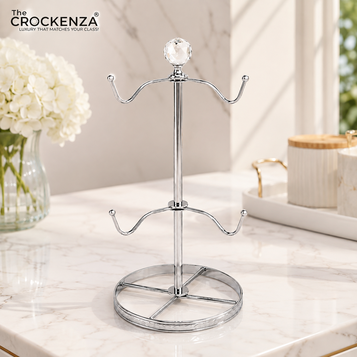 Luxury Silver Metal Cup Holder Stand with Crystal Top | Premium Coffee Mug & Tea Cup Organizer Rack