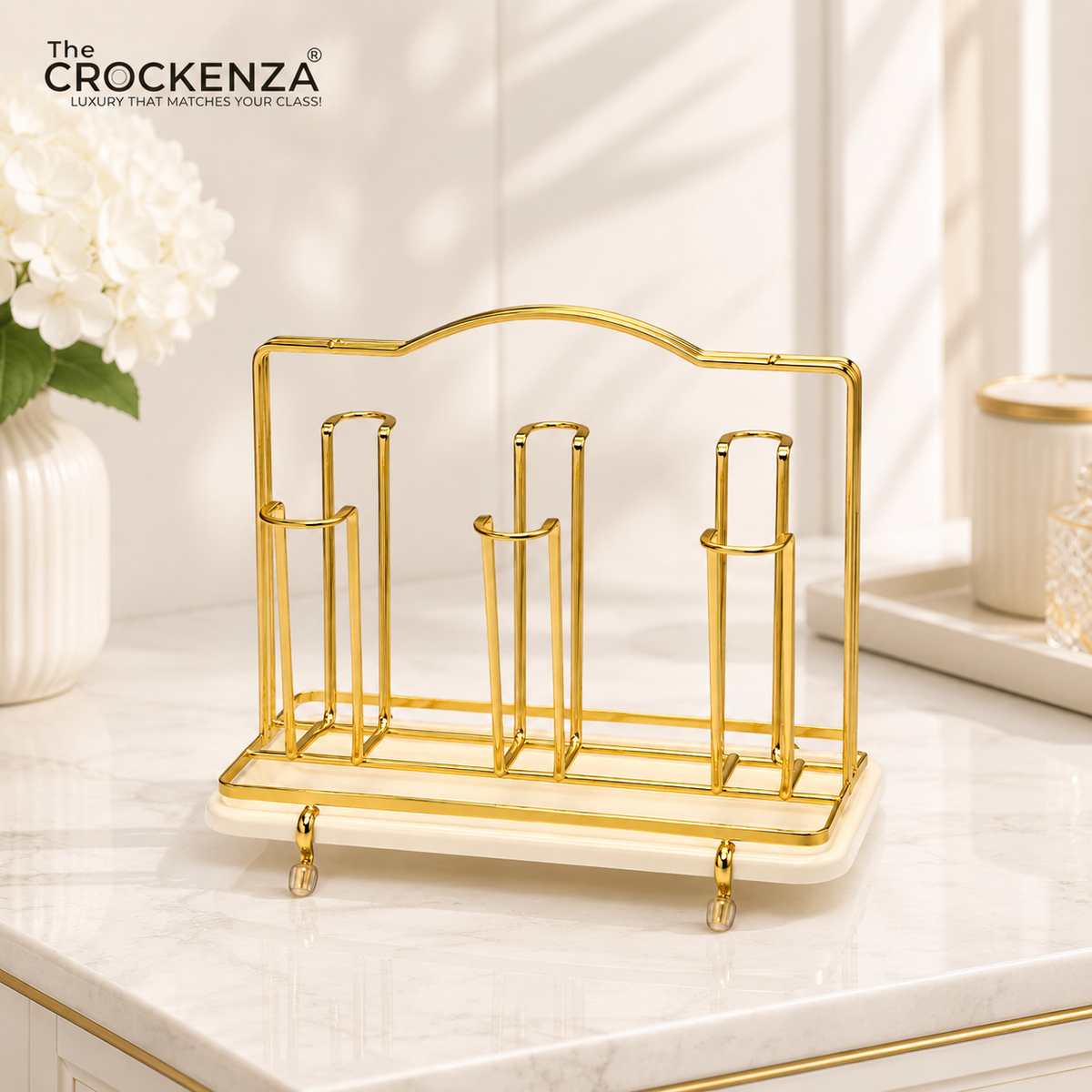 Luxury Gold Glass Holder Stand with Marble Base | Premium Countertop Glass Organizer Rack