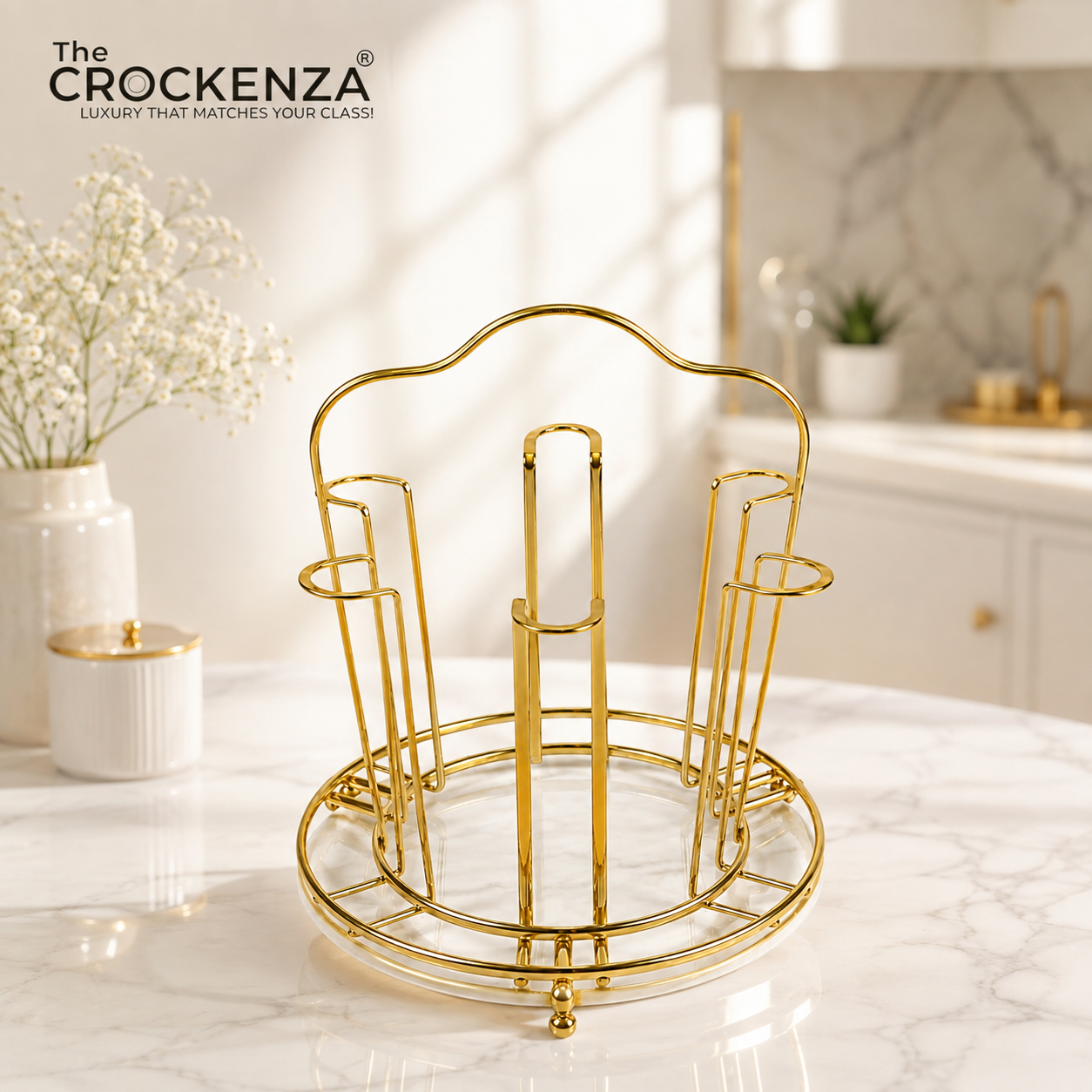 Luxury Gold Rotating Glass Holder Stand with Marble Base | Premium 6-Glass Organizer