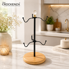 Luxury Wooden Base Cup Holder Stand with Crystal Top | Premium 6-Hook Coffee Mug Tree | Modern Kitchen Mug Organizer