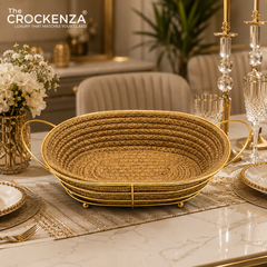 Luxury Oval Multipurpose Woven Basket with Golden Metal Handles