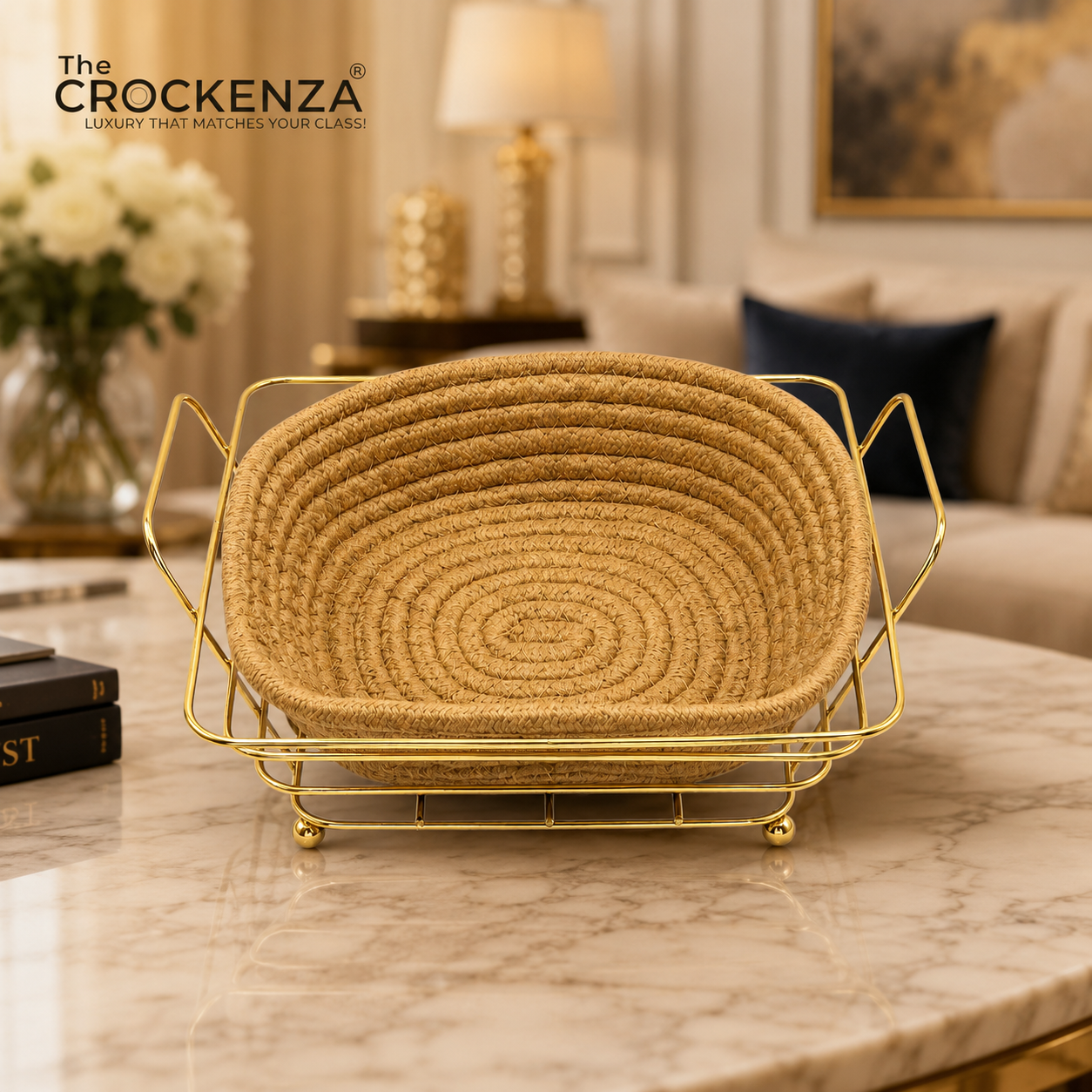 Luxury Woven Fruit Basket with Gold Metal Stand – Premium Decorative Serving Basket