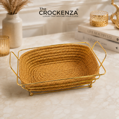 Luxury Woven Fruit Basket with Gold Metal Stand – Premium Decorative Serving Basket