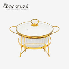 10" Round Porcelain Serving Bowl with Gold Stand & Lid – Elegant Buffet Serving Dish with Handles | Luxury Tableware