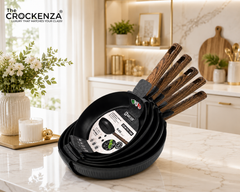 Premium Non-Stick Frying Pan Set with Wooden Handle (20CM, 22CM, 24CM, 26CM & 28CM) | Induction Compatible