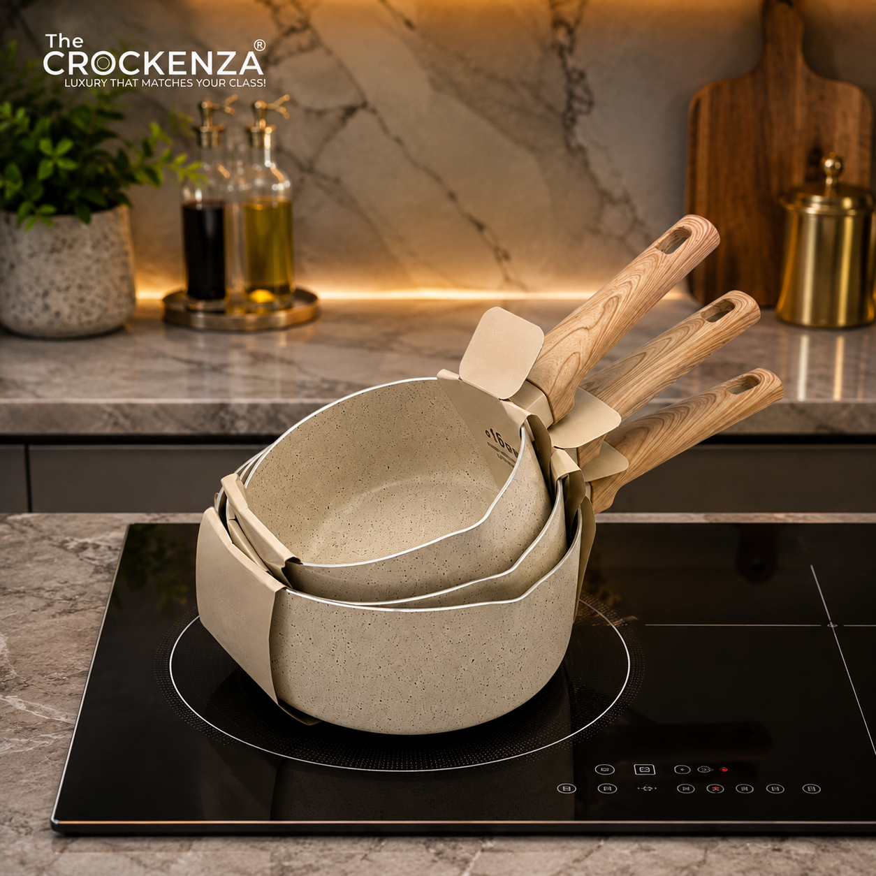 Baroly Premium Granite Non-Stick Sauce Pan Set (16CM, 18CM & 20CM) | Induction Compatible | Wooden Handle Cookware Set