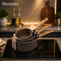 Baroly Premium Non-Stick Sauce Pan Set (16CM, 18CM & 20CM) | Induction Compatible | Wooden Handle Cookware Set