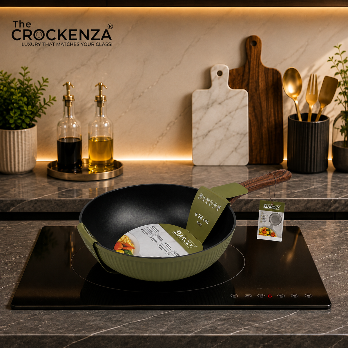 Baroly 28CM Non-Stick Wok Pan with Granite Coating | Premium Induction Compatible Deep Frying Wok | Wooden Handle Cooking Pan