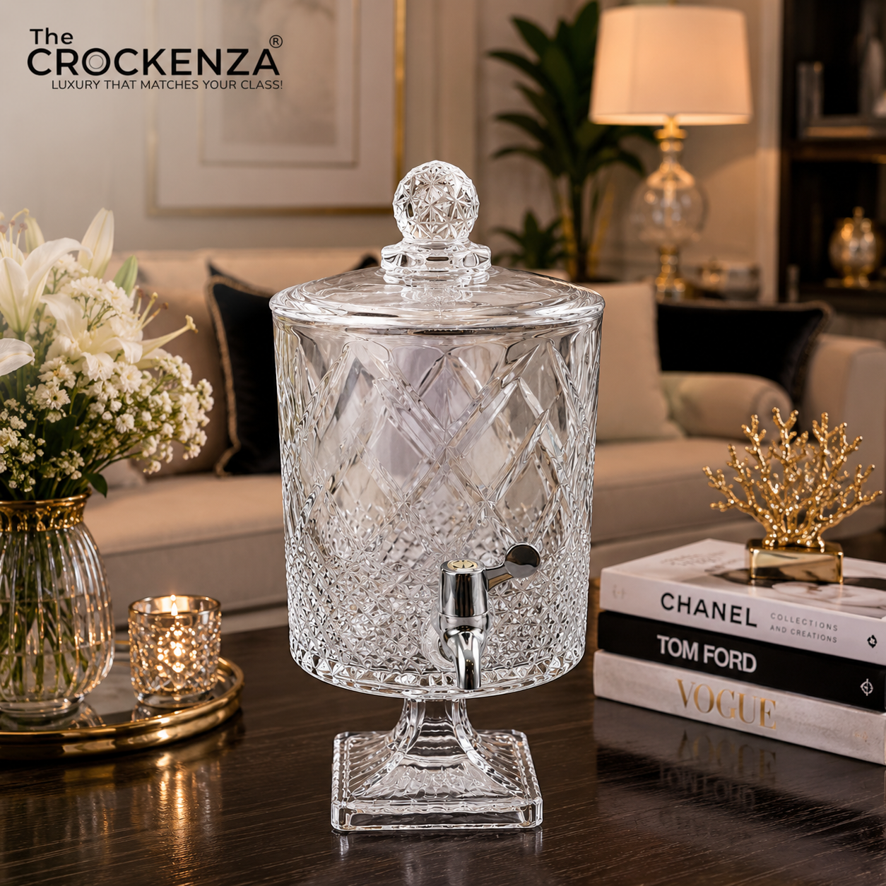 Luxury Crystal Glass Beverage Dispenser with Tap – 4.5L Diamond Cut Drink Dispenser