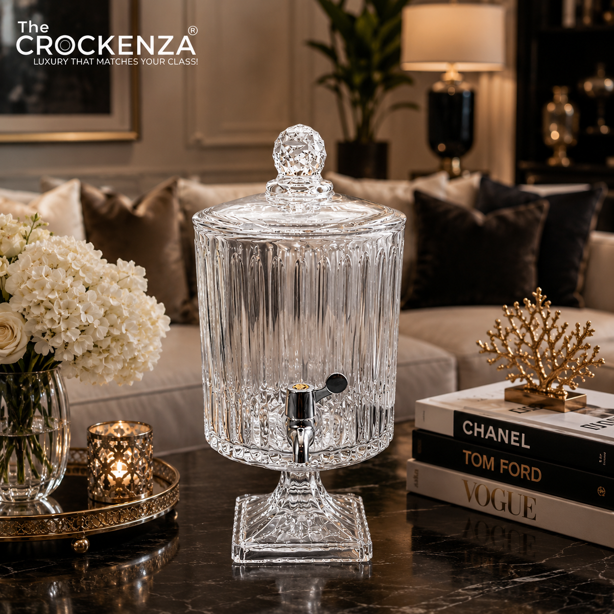 Luxury Crystal Glass Beverage Dispenser with Tap – 4.5L Diamond Cut Drink Dispenser