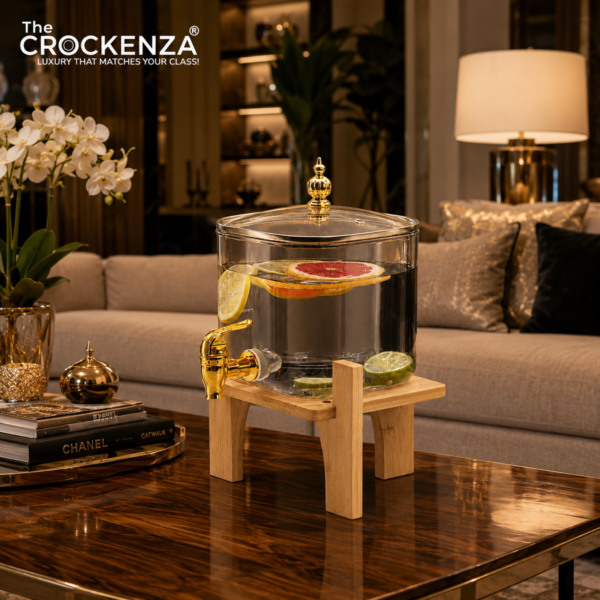 Luxury 3.2 Litres Dispenser with Wooden Stand & Golden Tap – Juice & Water Server
