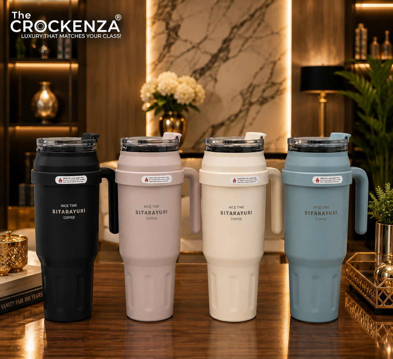 Luxury SITARAYURI 1480ML Insulated Coffee Tumbler with Handle & Straw | Large Capacity Stainless Steel Vacuum Travel Mug