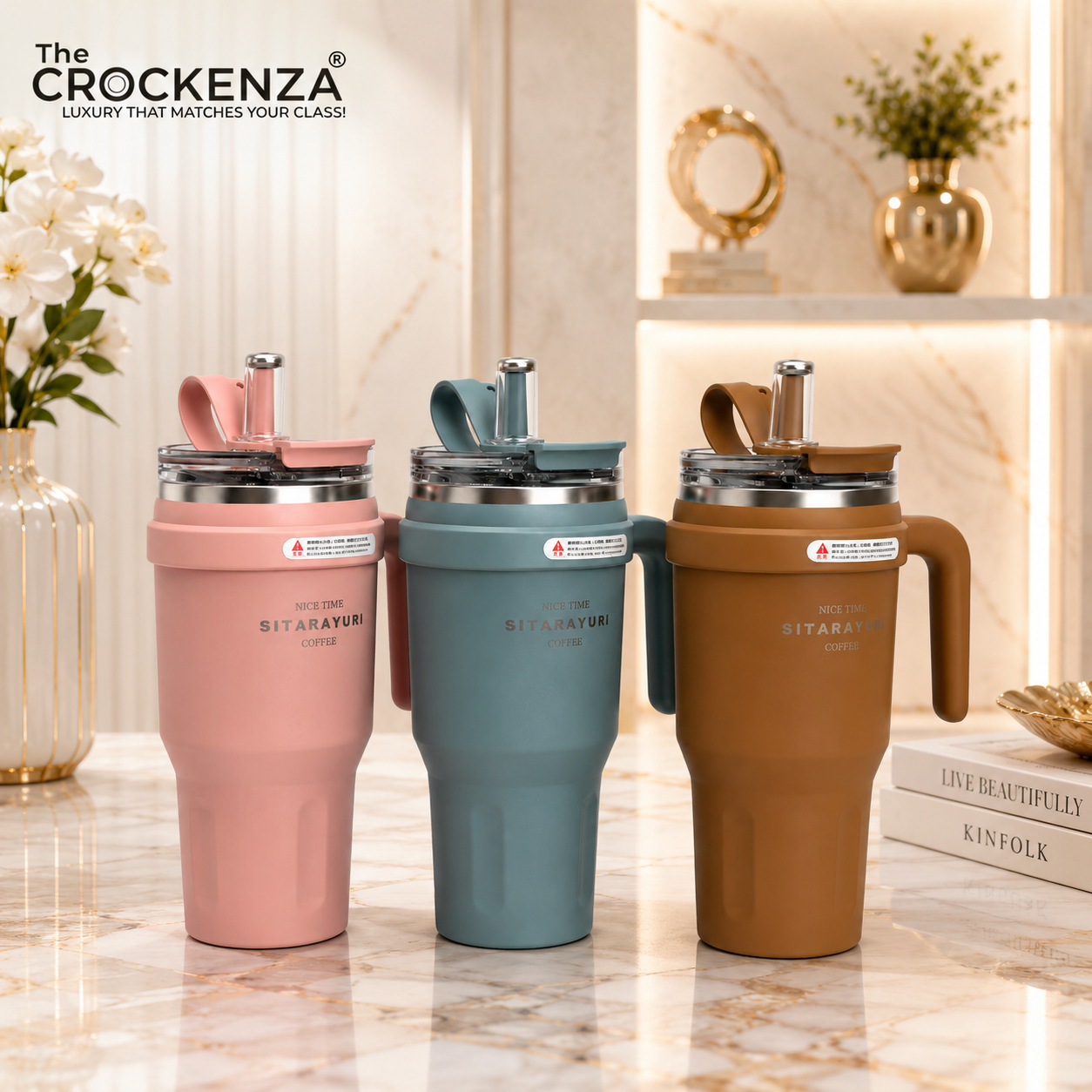 Luxury SITARAYURI 1100ML Insulated Coffee Tumbler with Handle & Straw | Large Capacity Stainless Steel Vacuum Travel Mug