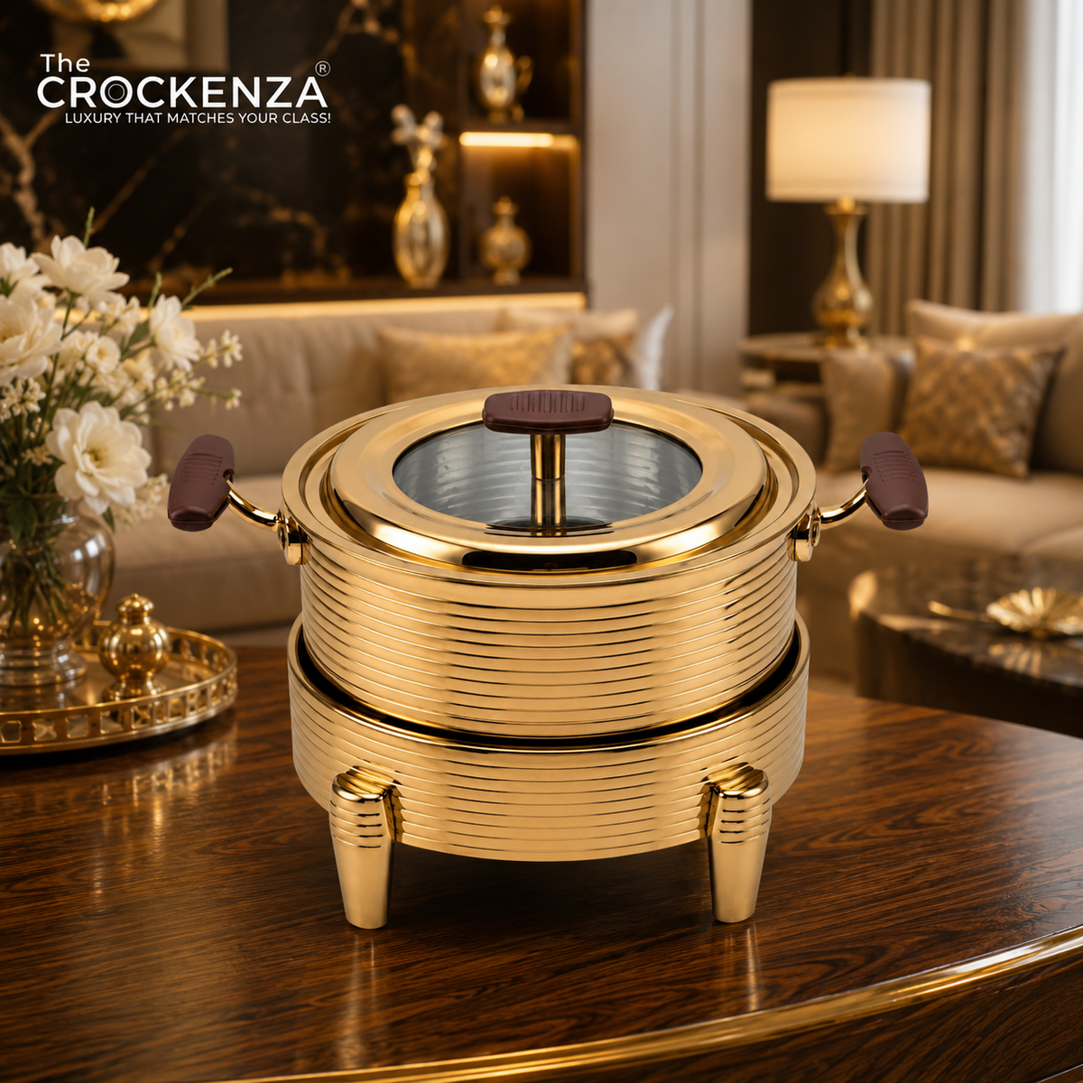 Luxury Stainless Steel Golden Round Food Warmer with Glass Lid | Premium Buffet Chafing Dish | 18cm, 20cm, 22cm, 24cm, 26cm & 28cm