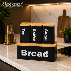 Premium Bread Box with Tea, Coffee & Sugar Canister Set – Bamboo Lid Kitchen Storage Set