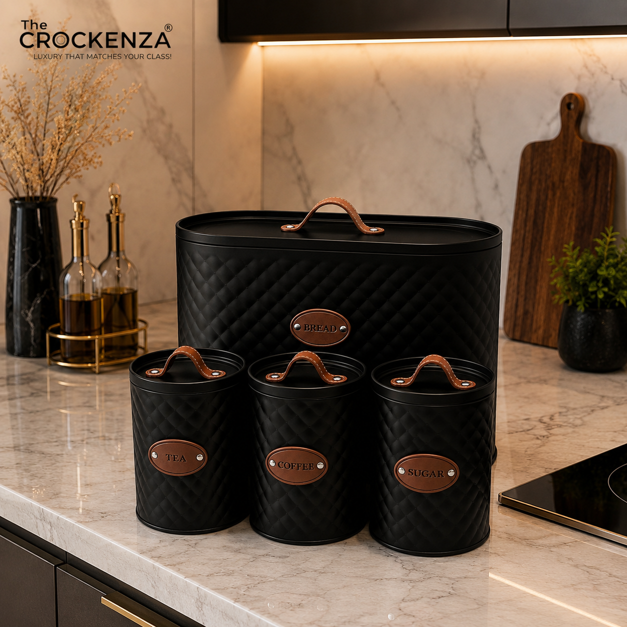 Luxury 4-Piece Bread Box & Tea Coffee Sugar Canister Set with Leather Handles – Premium Kitchen Storage Set