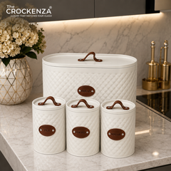 Luxury 4-Piece Bread Box & Tea Coffee Sugar Canister Set with Leather Handles – Premium Kitchen Storage Set