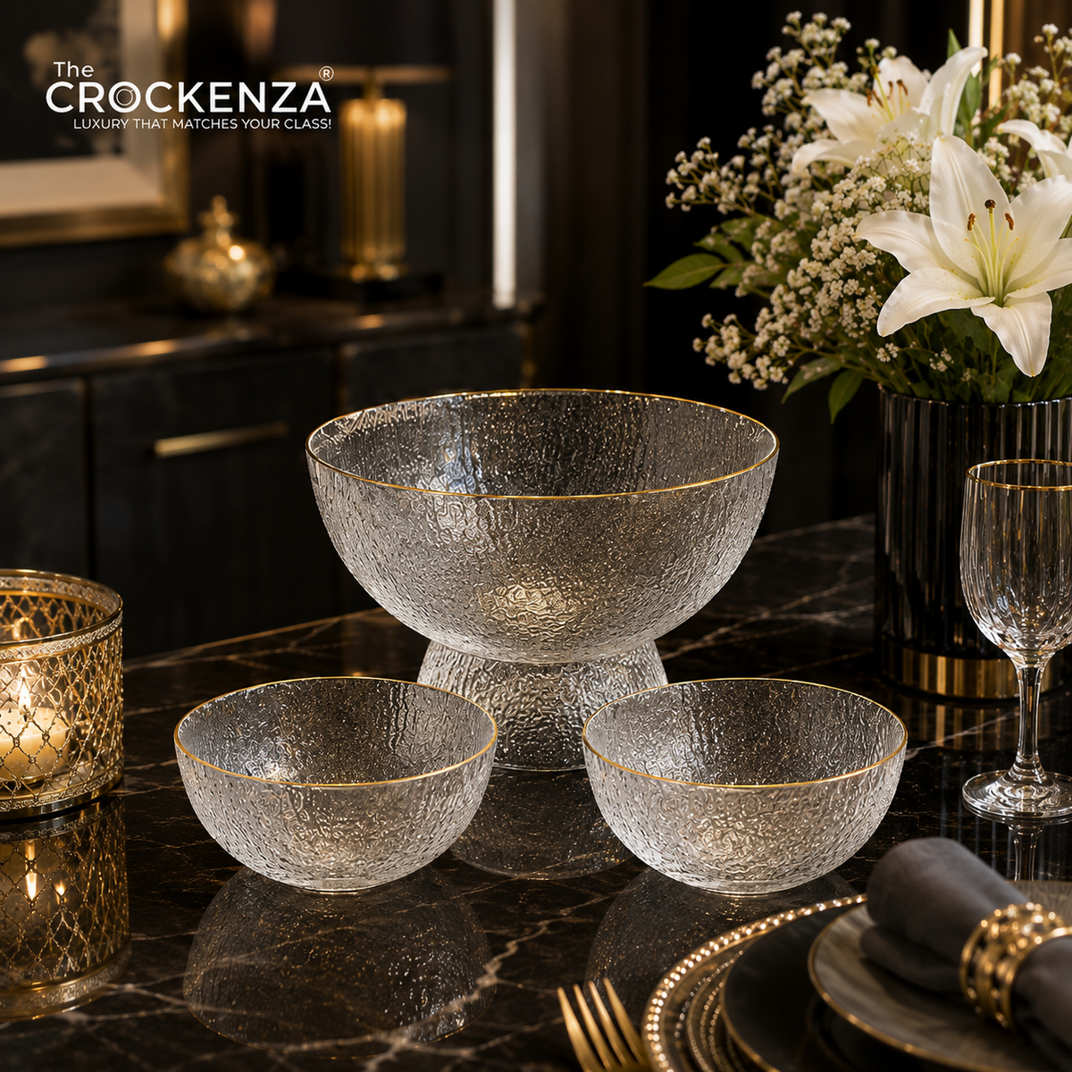 7-Piece Luxury Textured Glass Serving Bowl Set with Gold Rim – 1 Large & 6 Small Bowls