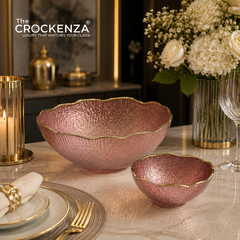 7-Piece Luxury Rose Pink Textured Glass Serving Bowl Set with Gold Rim – 1 Large & 6 Small Bowls