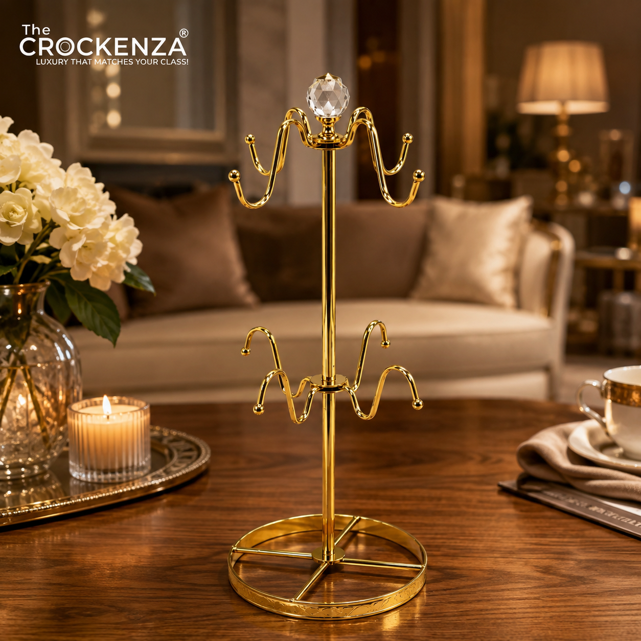 Luxury Gold Metal Cup Holder Stand with Crystal Top | Premium Coffee Mug & Tea Cup Organizer Rack