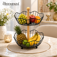 Luxury 2-Tier Metal Fruit Basket with Wooden Handle | Modern Countertop Fruit & Vegetable Organizer