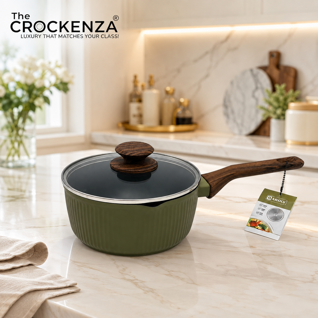 Baroly 18CM Non-Stick Sauce Pan with Glass Lid & Wooden Handle | Premium Induction Compatible