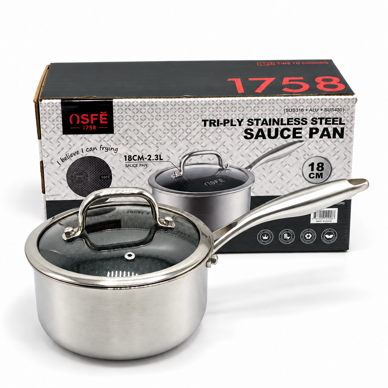 OSFE Tri-Ply Stainless Steel Saucepan with Glass Lid – 18 cm, 2.3 L