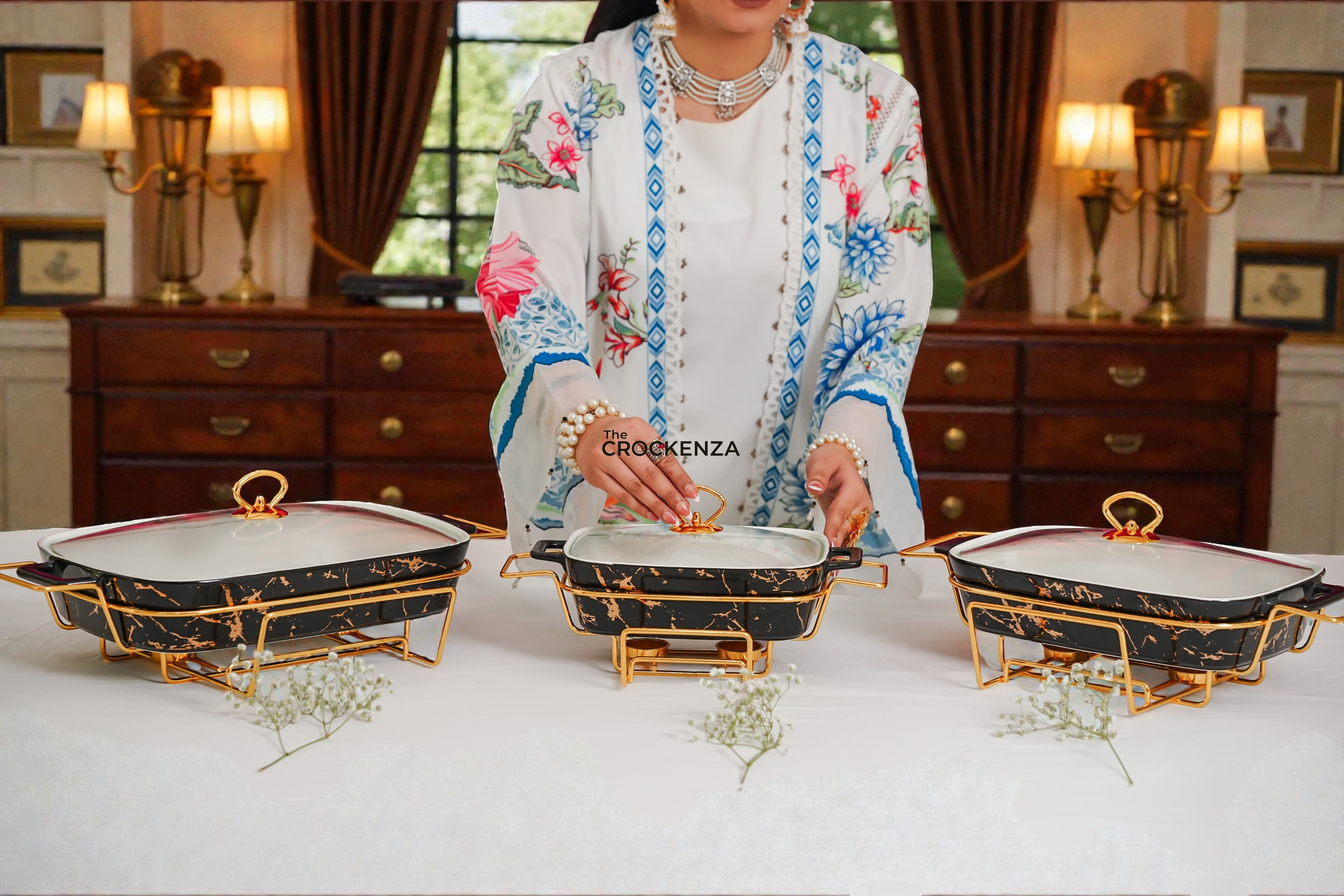 Luxury Imported Black Marble Rectangular Porcelain Serving Dishes – Lidded with Handles (Three Sizes)
