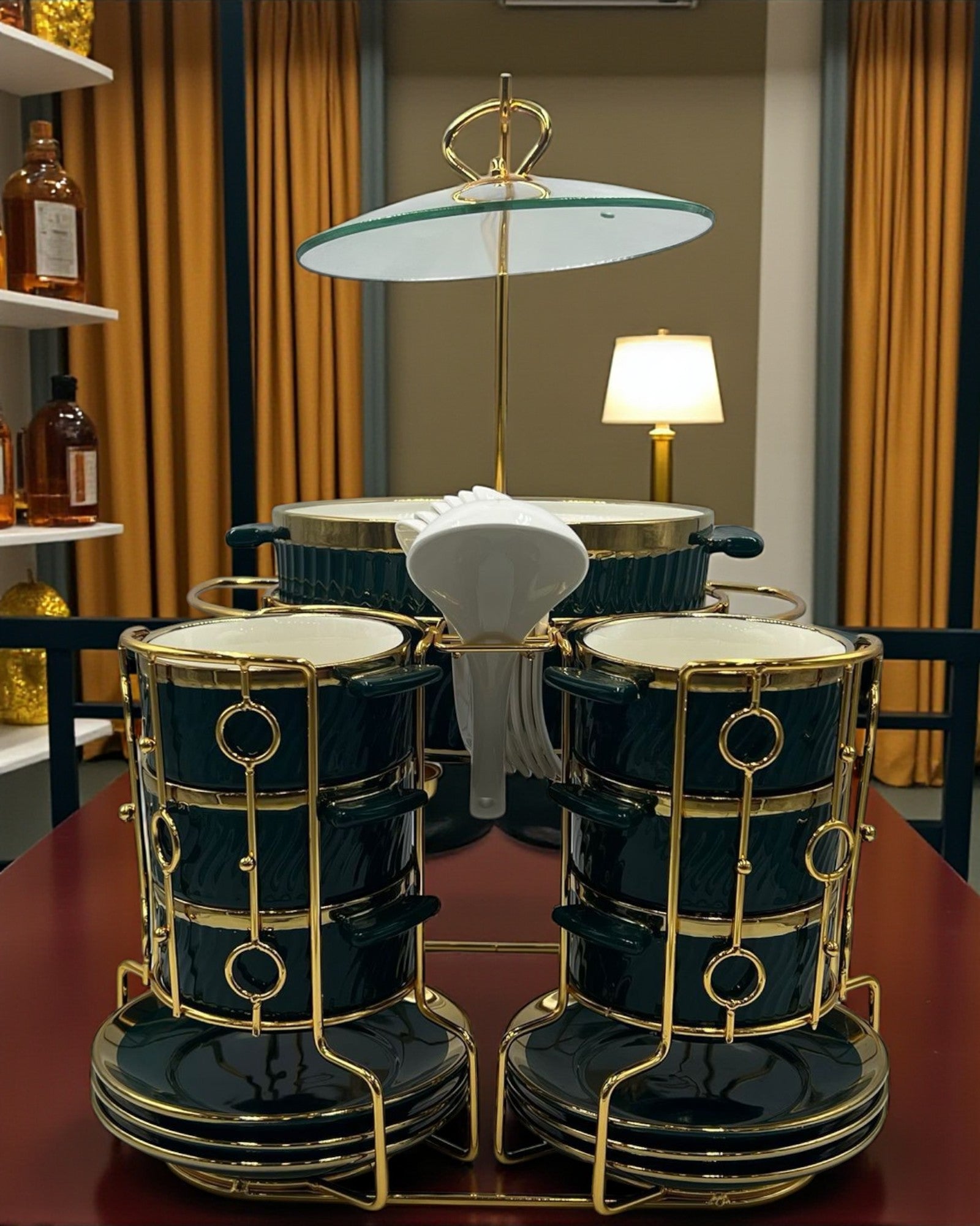 Premium Deep Green Ceramic 22-Piece Soup Set with Gold-Plated Stand – Elegant Dinnerware Collection