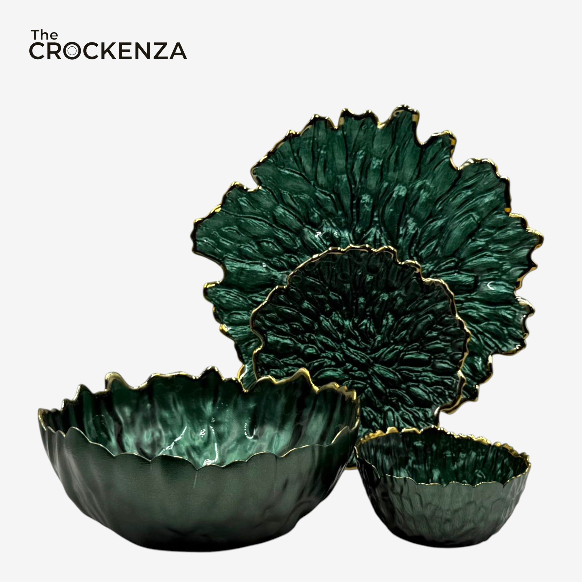 Emerald Bloom 14-Piece Luxury Fruit & Cake Serving Set | Deep Green with Gold Edge Finish