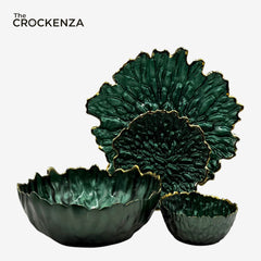 Emerald Bloom 14-Piece Luxury Fruit & Cake Serving Set | Deep Green with Gold Edge Finish