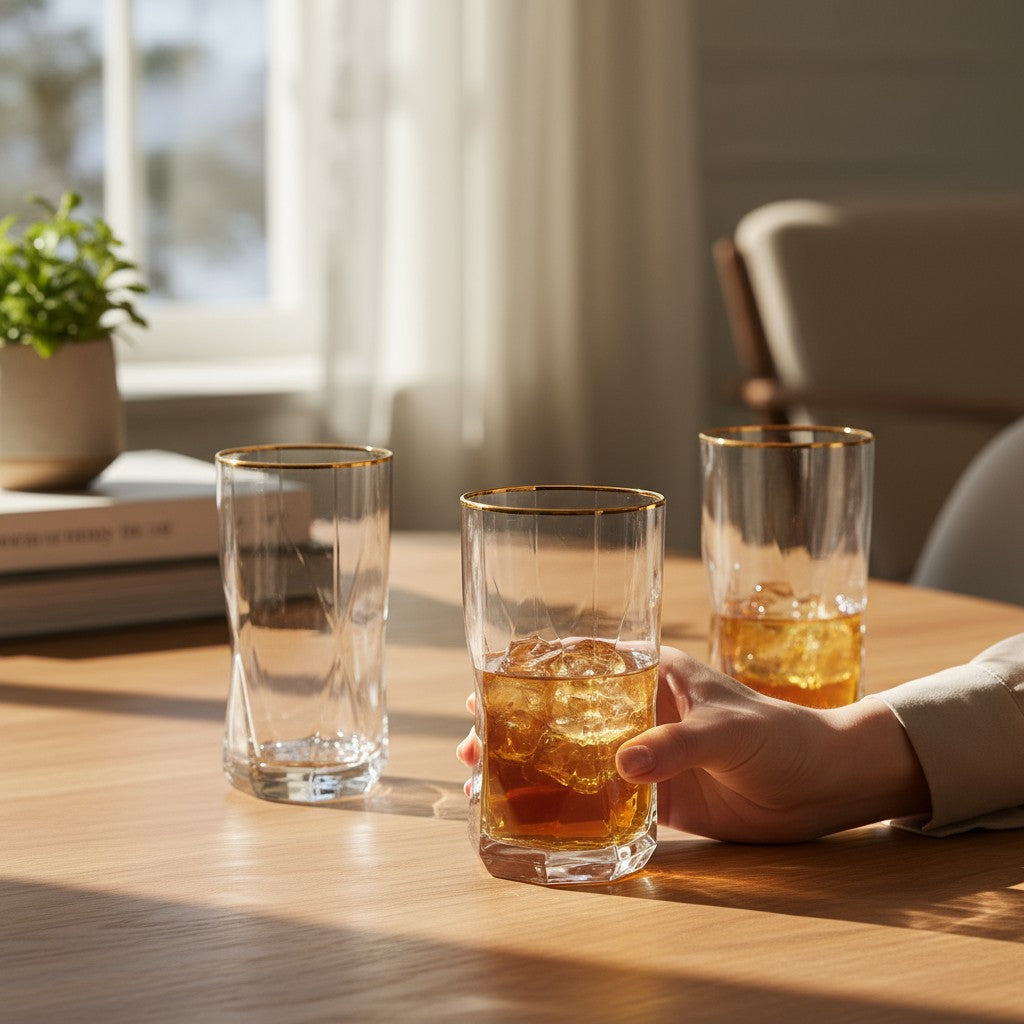 Diamond Decagon Highball 6 Piece Set: Gold-Rimmed Geometric Glassware