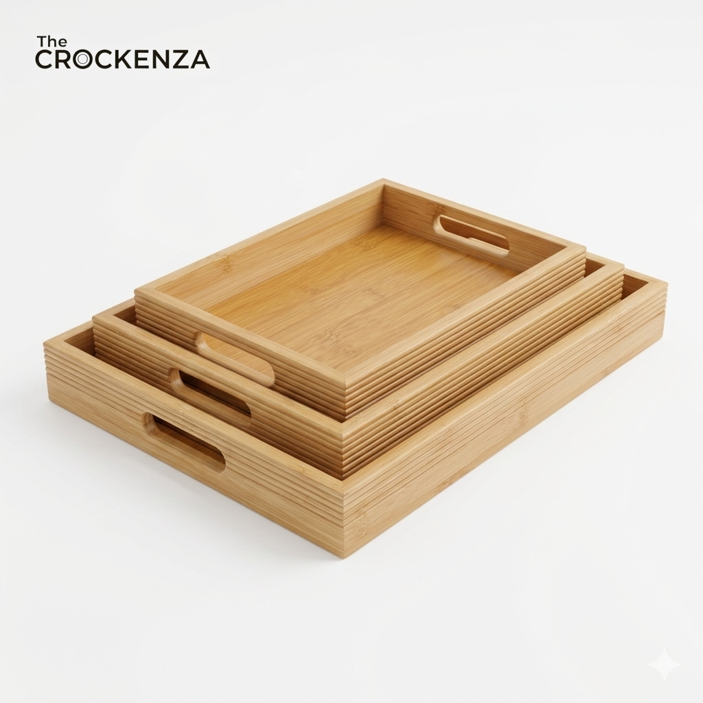 Premium 3-Piece Bamboo Tray Set | Handcrafted Eco-friendly Serving Trays with Integrated Handles