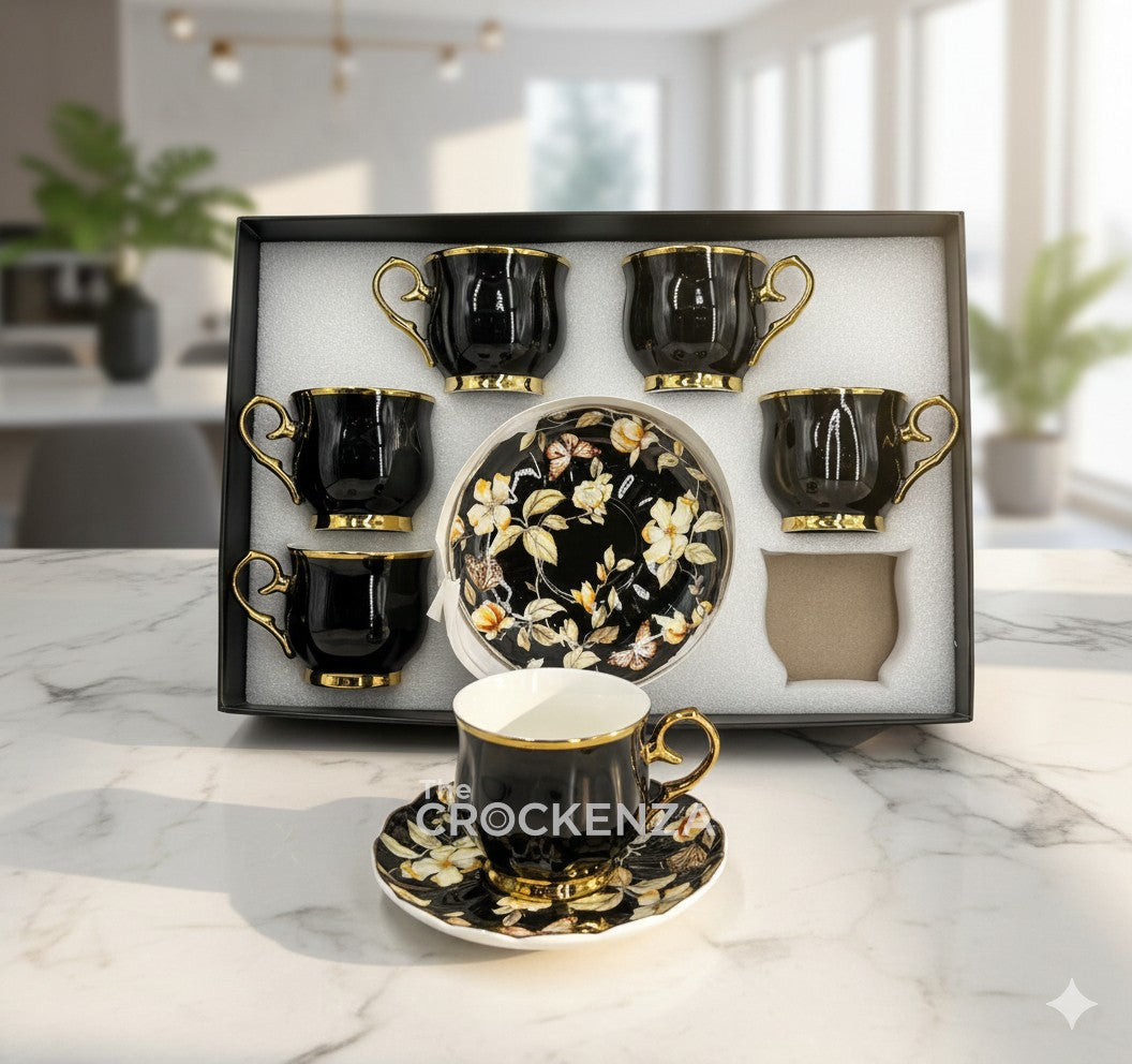 Luxury Black & Gold Cup & Saucer Set | Imported Floral Tea & Coffee Cups