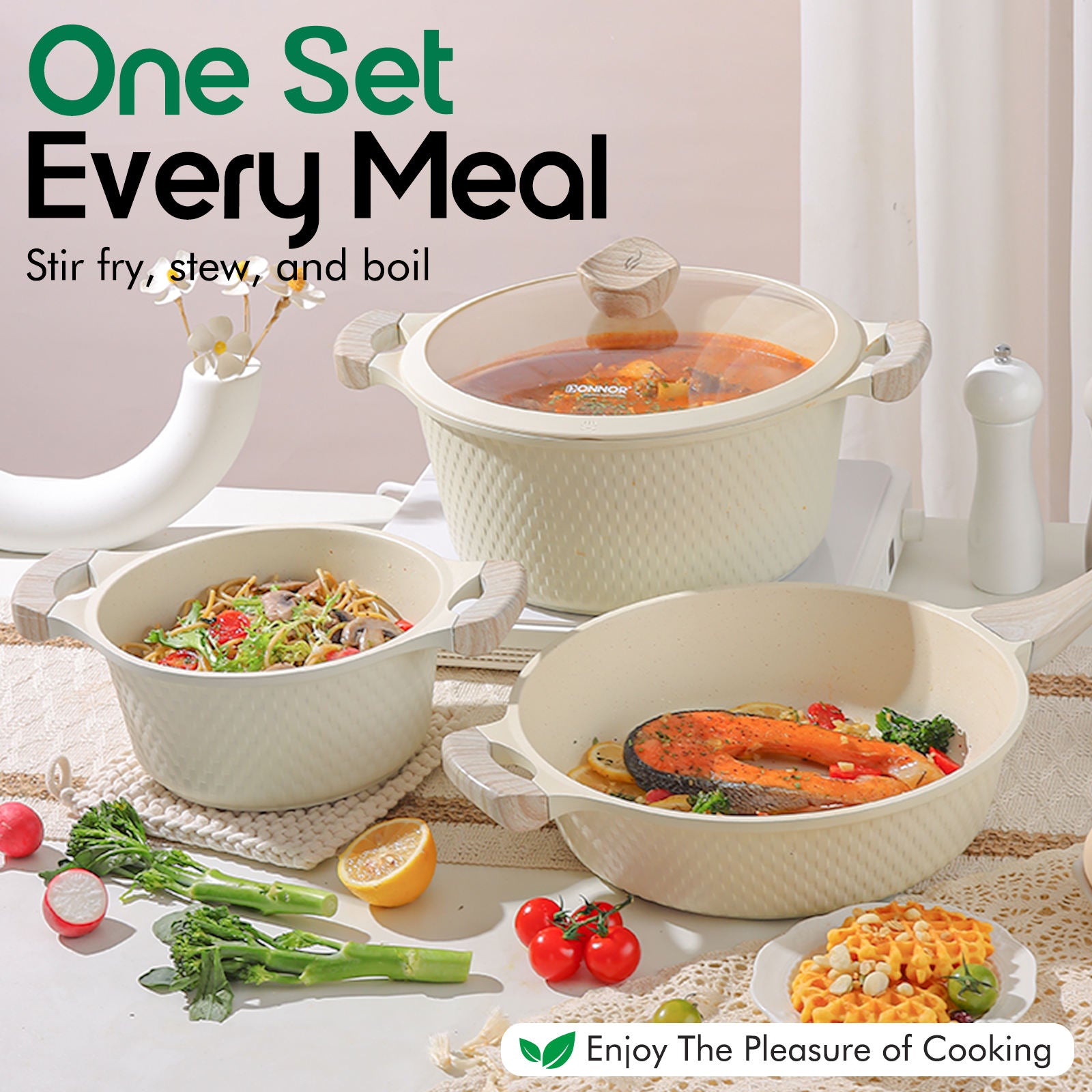 DONNOR GLORY 15-Piece Premium Non-Stick Cookware Set – Luxury Cooking Pots, Fry Pan & Kitchen Utensils | Induction Bottom