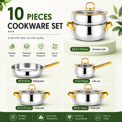 LEOZ Luxury Stainless Steel 10-Piece Cookwareware Set | Three-layer Steel Design with Glass Lid and Non Stick Pots